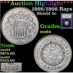 ***Auction Highlight*** 1866/1866 Rays Shield Nickel 5c Graded Choice Unc By USCG (fc)