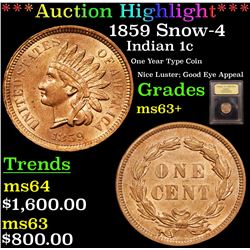 ***Auction Highlight*** 1859 Snow-4 Indian Cent 1c Graded Select+ Unc By USCG (fc)