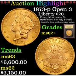 ***Auction Highlight*** 1873-p Open 3 Gold Liberty Double Eagle $20 Graded Select Unc By USCG (fc)