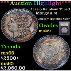 ***Auction Highlight*** 1899-p Rainbow Toned Morgan Dollar $1 Graded GEM+ Unc By USCG (fc)