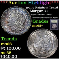 ***Auction Highlight*** 1921-p Rainbow Toned Morgan Dollar $1 Graded GEM+ Unc By USCG (fc)