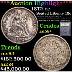 *Highlight Of Entire Auction* 1872-cc Seated Liberty 10c Graded Choice AU/BU Slider+ By USCG (fc)