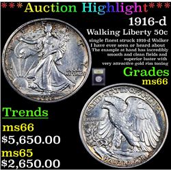 ***Auction Highlight*** 1916-d Walking Liberty Half Dollar 50c Graded GEM+ Unc By USCG (fc)