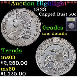 ***Auction Highlight*** 1833 Capped Bust Half Dollar 50c Graded Unc Details By USCG (fc)