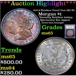 ***Auction Highlight*** 1921-d Rainbow Toned Vam 1QC R5 Morgan Dollar $1 Graded GEM Unc By USCG (fc)