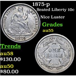 1875-p Seated Liberty Dime 10c Grades Choice AU