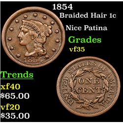 1854 Braided Hair Large Cent 1c Grades vf++