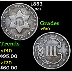 1853 Three Cent Silver 3cs Grades vf++