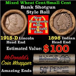 Mixed small cents 1c orig shotgun roll, 1915-d Wheat Cent, 1898 Indian Cent other end, McDonalds Wra