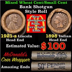 Mixed small cents 1c orig shotgun roll, 1921-s Wheat Cent, 1898 Indian Cent other end,McDnalds Wrapp