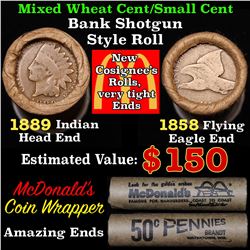 Mixed small cents 1c orig shotgun roll, 1858 Flying Eagle Cent, 1889 Indian Cent other end, McDonald