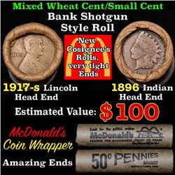 Mixed small cents 1c orig shotgun roll, 1917-s Wheat Cent, 1896 Indian Cent other end, McDonalds Wra