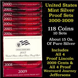 Group of 10 United States Mint Silver Proof Sets 2000-2009 118 Coins