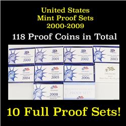 Group of 10 United States Mint Proof Sets 2000-2009 118 Coins
