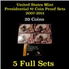Image 1 : Group of 5 United States Mint Presidential $1 Coin Proof Sets 2007-2011 20 Coins