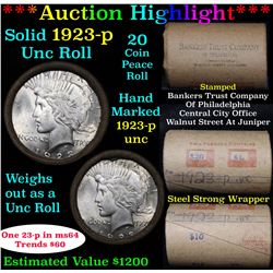 ***Auction Highlight*** 1923-p Uncirculated Peace Dollar Shotgun Roll (fc)