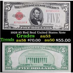 1928 $5 Red Seal United States Note Grades Select AU
