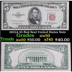 1953A $5 Red Seal United States Note Grades AU, Almost Unc