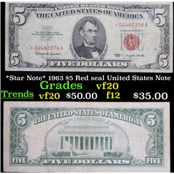 *Star Note* 1963 $5 Red seal United States Note Grades vf, very fine