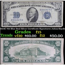 1934C $10 Blue Seal Silver Certificate Signatures Julian/Snyder Grades f+