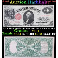 ***Auction Highlight*** 1917 $1 Legal Tender, Signatures of Elliott & Burke, FR37  Grades Choice CU 