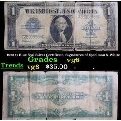 1923 $1 Blue Seal Silver Certificate, Signatures of Speelman & White Grades vg, very good