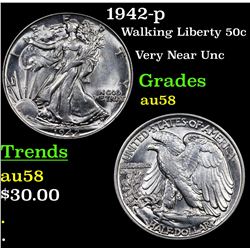 1942-p Walking Liberty Half Dollar 50c Grades Choice AU/BU Slider