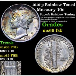 1916-p Rainbow Toned Mercury Dime 10c Grades GEM+ FSB