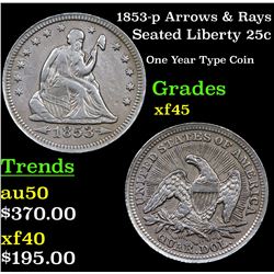 1853-p Arrows & Rays Seated Liberty Quarter 25c Grades xf+