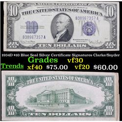 1934D $10 Blue Seal Silver Certificate Signatures Clarke/Snyder Grades vf++
