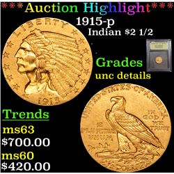 ***Auction Highlight*** 1915-p Gold Indian Quarter Eagle $2 1/2 Graded Unc Details By USCG (fc)