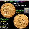 Image 1 : ***Auction Highlight*** 1913-p Gold Indian Quarter Eagle $2 1/2 Graded Select Unc By USCG (fc)