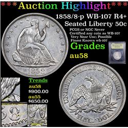 ***Auction Highlight*** 1858/8-p WB-107 R4+ Seated Half Dollar 50c Graded Choice AU/BU Slider By USC