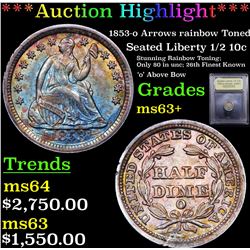 ***Auction Highlight*** 1853-o Arrows rainbow Toned Seated Liberty 1/2 10c Graded Select+ Unc By USC