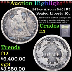 *Highlight Of Entire Auction* 1873-cc Arrows F-101 R5 Seated Liberty Dime 10c Graded fine By USCG (f
