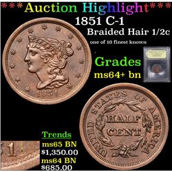 ***Auction Highlight*** 1851 C-1 Braided Hair Half Cent 1/2c Graded Choice+ Unc BN By USCG (fc)