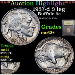 ***Auction Highlight*** 1937-d 3 leg Buffalo Nickel 5c Graded Select Unc By USCG (fc)