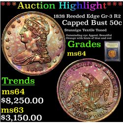 ***Auction Highlight*** 1838 Reeded Edge Gr-3 R2 Capped Bust 50c Graded Choice Unc By USCG (fc)