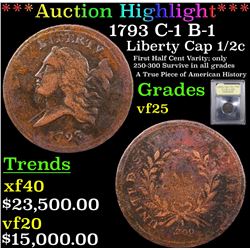 *Highlight Of Entire Auction* 1793 C-1 B-1 Liberty Cap half cent 1/2c Graded vf+ By USCG (fc)