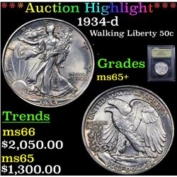 ***Auction Highlight*** 1934-d Walking Liberty Half Dollar 50c Graded GEM+ Unc By USCG (fc)