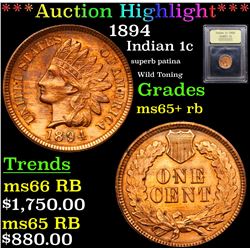 ***Auction Highlight*** 1894 Indian Cent 1c Graded Gem+ Unc RB By USCG (fc)