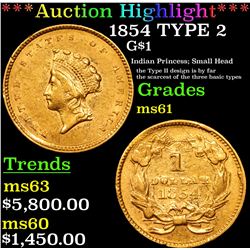 ***Auction Highlight*** 1854 TYPE 2 Gold Dollar $1 Graded BU+ By USCG (fc)