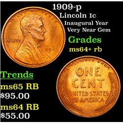 1909-p Lincoln Cent 1c Grades Choice+ Unc RB