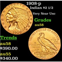 1908-p Gold Indian Quarter Eagle $2 1/2 Grades Choice AU/BU Slider