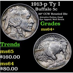 1913-p Ty I Buffalo Nickel 5c Grades Choice+ Unc