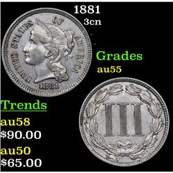 1881 Three Cent Copper Nickel 3cn Grades Choice AU