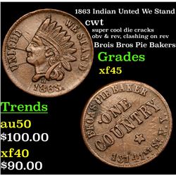 1863 Indian Unted We Stand Civil War Token 1c Grades xf+