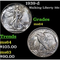 1939-d Walking Liberty Half Dollar 50c Grades Choice Unc