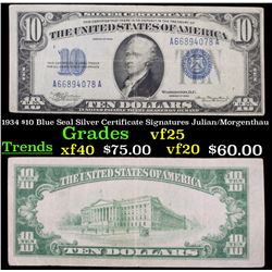 1934 $10 Blue Seal Silver Certificate Signatures Julian/Morgenthau Grades