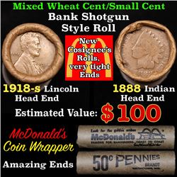 Mixed small cents 1c orig shotgun roll, 1918-s Wheat Cent, 1888 Indian Cent other end, McDonalds Wra